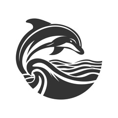 Black silhouette of playful dolphin in water. Vector art for logo, icon, design elements.