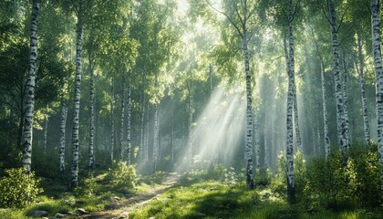 Obraz premium Sunlight beams through birch trees in forest. Ideal for depicting a mystical, magical, or serene atmosphere.