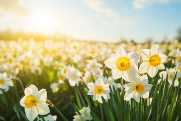 Fototapeta premium Sunlit Field of Blooming Daffodils in Springtime Nature