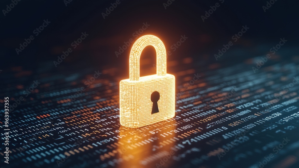 Poster a glowing padlock in cyberspace surrounded by binary code, symbolizing encryption, tech, minimalisti
