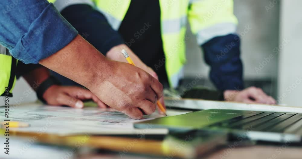 Aufkleber people, blueprint and developer hands for drawing on construction site, maintenance and planning. em
