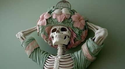 A colorful skeleton sculpture adorned with a floral hat and garb, blending whimsy with macabre, set against a green background.