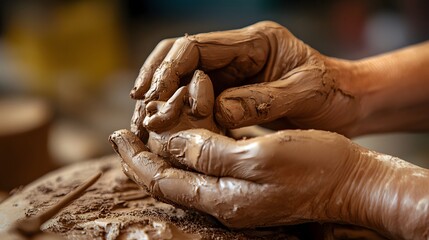 Molding a Clay Figurine: Close-up of hands carefully molding a small clay figurine, capturing the fine details of the fingers and the pliable material.
