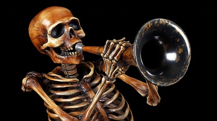 A detailed skeleton playing a trumpet against a black background, perfect for Halloween or spooky themed designs and artwork.