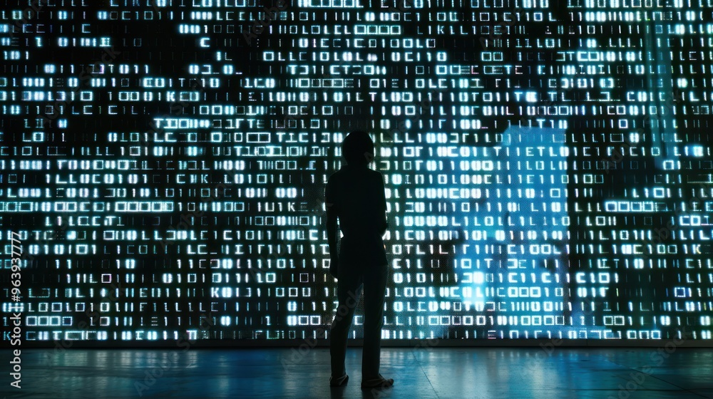 Wall mural silhouette of a person in front of a binary code wall