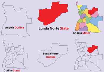 Naklejka premium Lunda Norte map vector of Angola, Lunda Norte line map, Lunda Norte with city map, Lunda Norte outline map