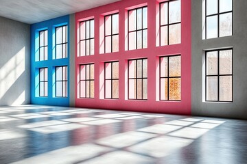 Fototapeta premium Empty room with large windows and colorful walls. This stock photo can be used to illustrate the concepts of space, light, and architecture.