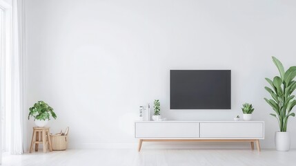 Minimalist Living Room Interior with TV Stand and Plants