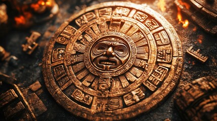 Obraz premium Ancient Mayan Sun Stone, a detailed depiction of Mayan culture with intricate carvings, highlighting ancient art and history.
