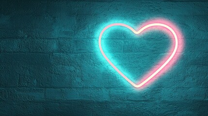 Neon Heart on Blue Brick Wall   Abstract Love Concept