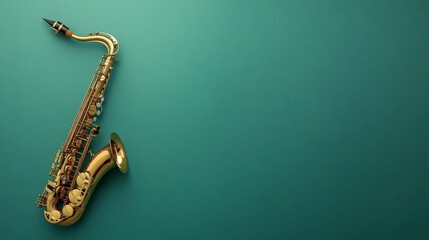 Dynamic Jazz Vibes - Realistic saxophone on vibrant green backdrop with copyspace for text. Music concept.