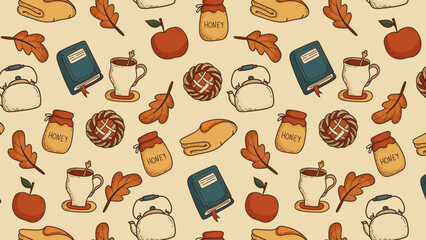 Autumn seamless pattern with cozy elements, hand drawn.