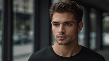 Obraz premium male model t shirt mockup , black t shirt mockup man ,man model wearing black t shirt , ai generated