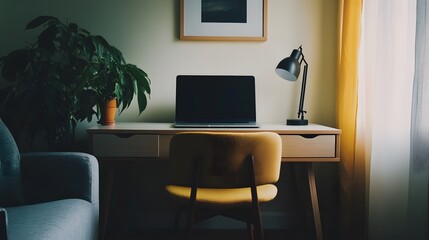 Fototapeta premium A minimalist workspace with a clean desk, a laptop, and a simple chair