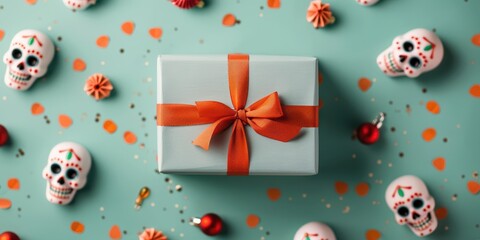 Naklejka premium A beautifully wrapped gift box with an orange ribbon, surrounded by festive skulls and colorful decorations on a teal background.