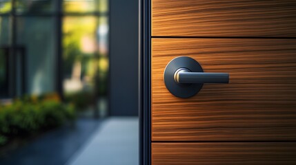 A close-up of a sleek, modern doorknob on a minimalist wooden door