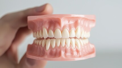 Obraz premium Denture Model with White Teeth in Hand