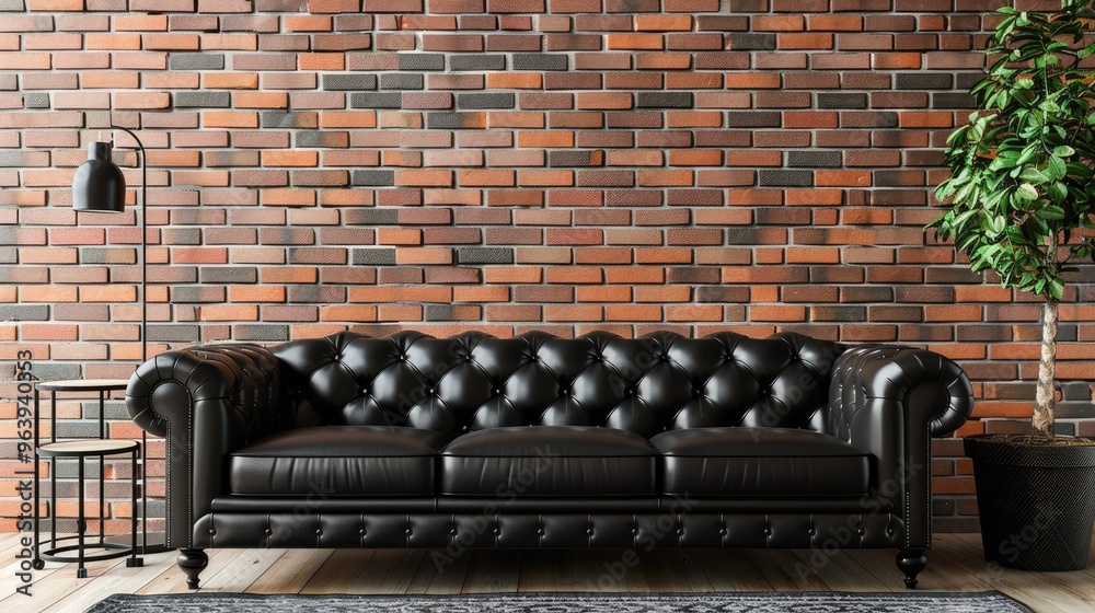 Poster Modern living room with black leather couch and brick wall background