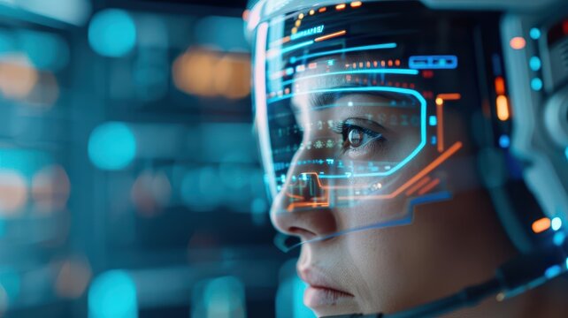 A focused astronaut with a futuristic helmet, surrounded by glowing digital interfaces, representing technology and exploration.