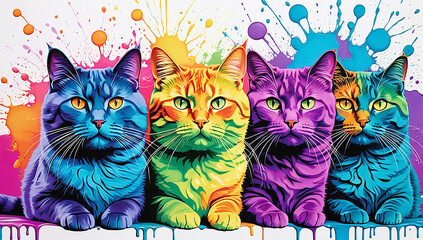  A distinct fat cats arrayed horizontally, each embodying a separate rainbow hue, all against a stark white backdrop, surrounded by dynamic, free paint splatters