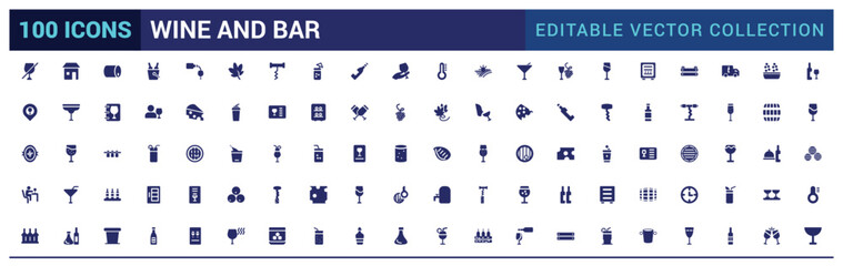 Fototapeta premium Wine icon set. Containing wine bottle, wine glass, grape and more, filled icon set, solid icon set. Glyph icon set for web and ui. Editable stroke. Vector illustration.