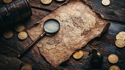 An ancient, tattered treasure map rests on a wooden table, accompanied by antique coins and a magnifying glass.