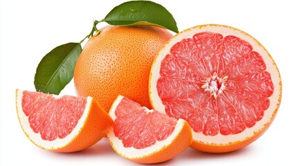 Fresh Grapefruit with Leaves Isolated on White Background