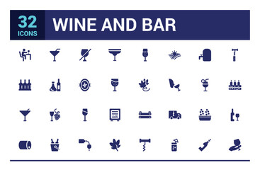 Wine icon set. Containing wine bottle, wine glass, grape and more, filled icon set, solid icon set. Glyph icon set for web and ui. Editable stroke. Vector illustration.