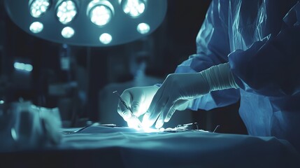Surgical Precision: Doctor's hands performing a delicate surgery under bright surgical lights.
