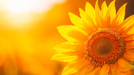 Obraz premium Golden Hour Sunflower: A vibrant sunflower blooms in the warm glow of a setting sun, its petals reaching towards the light. The soft, golden hues create a peaceful and uplifting ambiance. 