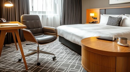 Modern Hotel Room Interior with Desk  Chair  Bed  and Side Table