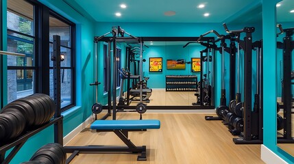 Fototapeta premium Home Gym with Turquoise Walls and Modern Fitness Equipment