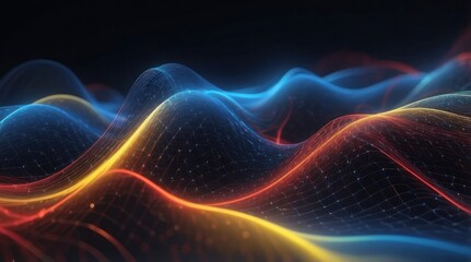 Fototapeta premium Abstract digital cyber wave made of blue particles and dots on a dark background, big data visualization, futuristic and technological. Sound wave