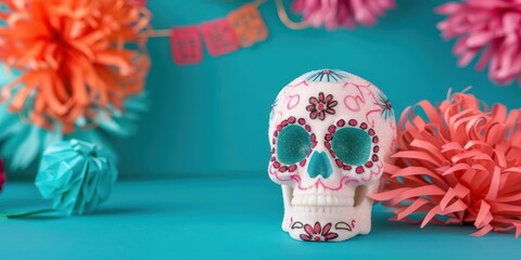 Colorful sugar skull with vibrant flowers, perfect for celebrating Day of the Dead and festive decorations.