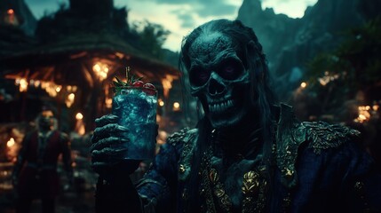 Fototapeta premium Skeleton pirate in detailed costume holding a drink in eerie, dimly lit, Halloween-themed setting with a backdrop of spooky decorations.