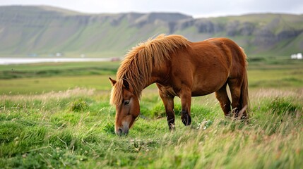 Fototapeta premium Icelandic equine grazing on a rural farm in their native land, a domestic animal enjoying the outdoor pasture.