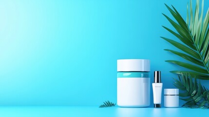 Sunlit cosmetic containers, blue background, white jars and tubes, palm shadows, flat design illustration