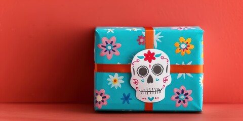 Vibrant gift box decorated with colorful flowers and a skull sticker, perfect for celebrations or festive occasions.