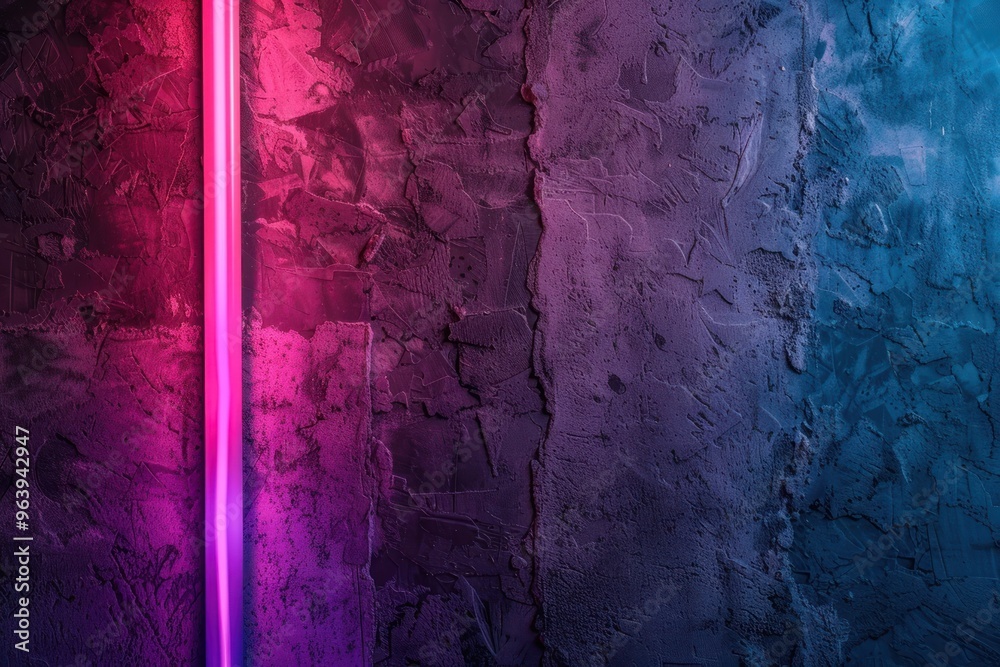 Wall mural pink and blue neon lights on a textured wall. abstract design for poster or banner.