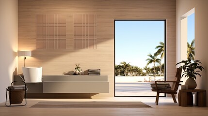 Modern, luxury wall hung toilet bowl, closed seat with dual flush, reeded glass partition, bidet, tissue paper holder, white bathtub on granite tile floor 
