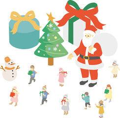 アイソメトリック　クリスマス　サンタクロース　ツリー　ファミリー　キッズ　人物　イラスト素材セット