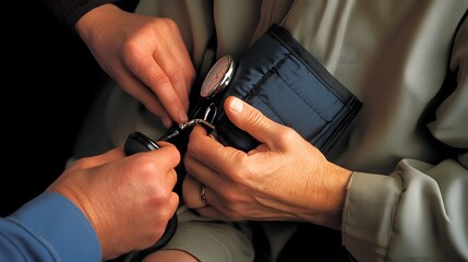 Taking Blood Pressure: Doctor's hands wrapping a blood pressure cuff around a patient's arm and inflating it.
