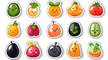 Cute Cartoon Fruit Stickers Set  Smiling Fruits  Happy Food   Vector Illustration