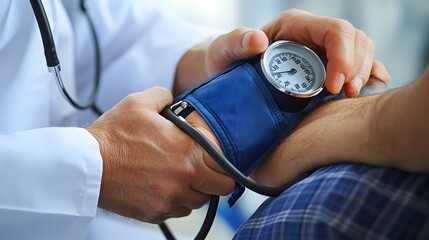 Taking Blood Pressure: Doctor's hands wrapping a blood pressure cuff around a patient's arm and inflating it.
