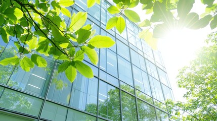 Green Leaves Against Modern Building Glass Facade  Sunlight Shining Through