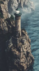 A Lighthouse Stands Tall on a Rocky Cliff Overlooking the Ocean
