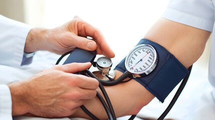 Taking Blood Pressure: Doctor's hands wrapping a blood pressure cuff around a patient's arm and inflating it.
