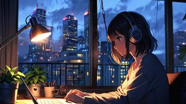 woman listening to music with headphones in a bedroom at night. Anime art style. Loop animation. lofi music background. Generated with AI.