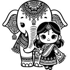 Girl dressed in traditional Eastern clothing leads an elephant decorated with Indian ornaments in monochrome. Simple minimalistic vector in black ink drawing on transparent background