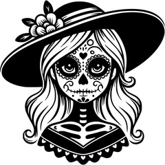 Blonde woman in hat with face decorated with mexican ornament in monochrome. Simple minimalistic vector in black ink drawing on transparent background